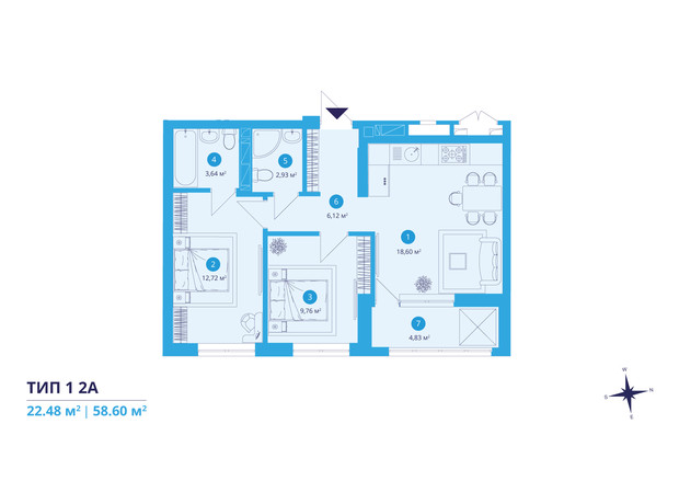 ЖК Sky Avenue: планировка 2-комнатной квартиры 58.6 м²