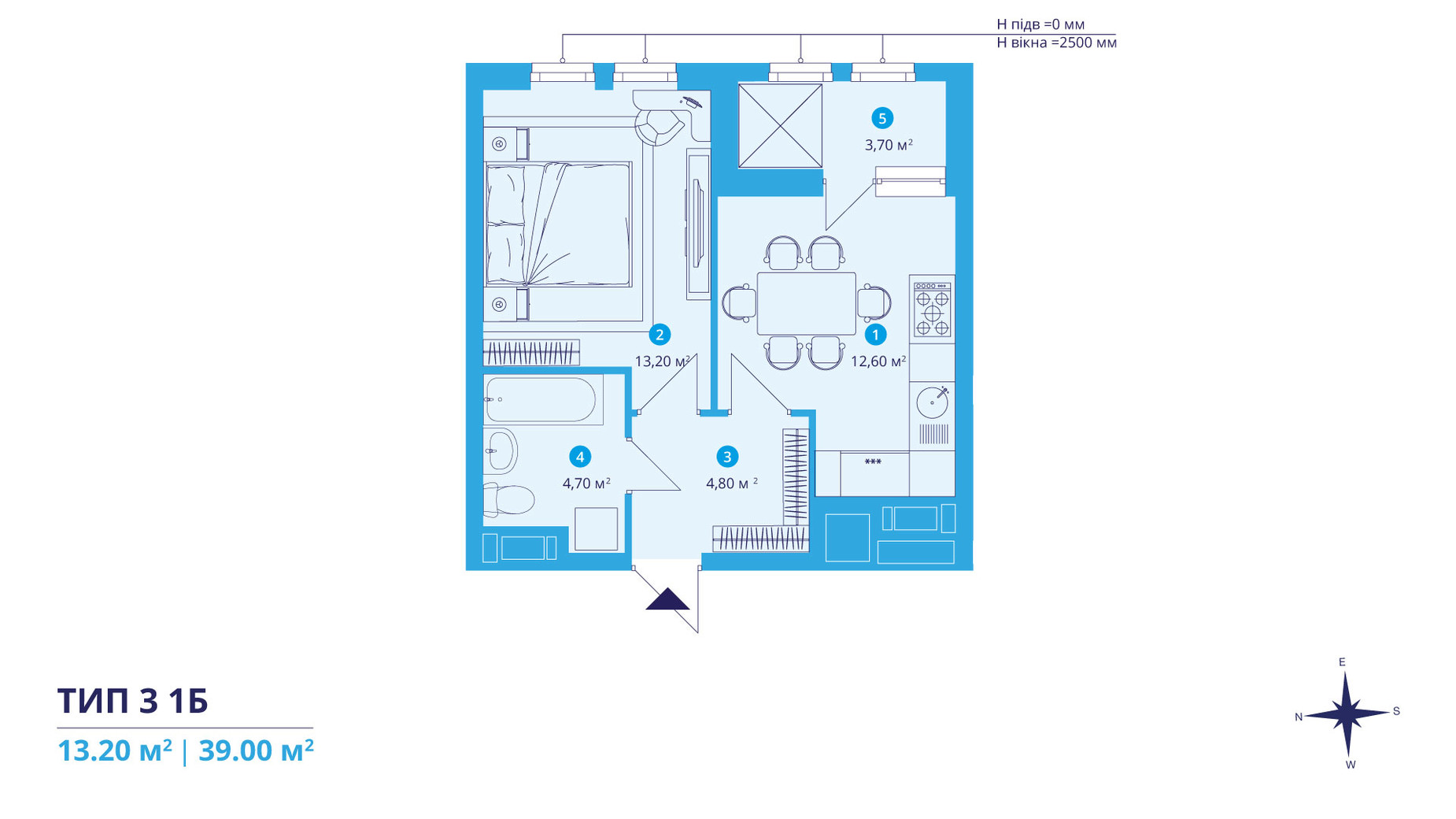 Планування 1-кімнатної квартири в ЖК Sky Avenue 39 м², фото 312546