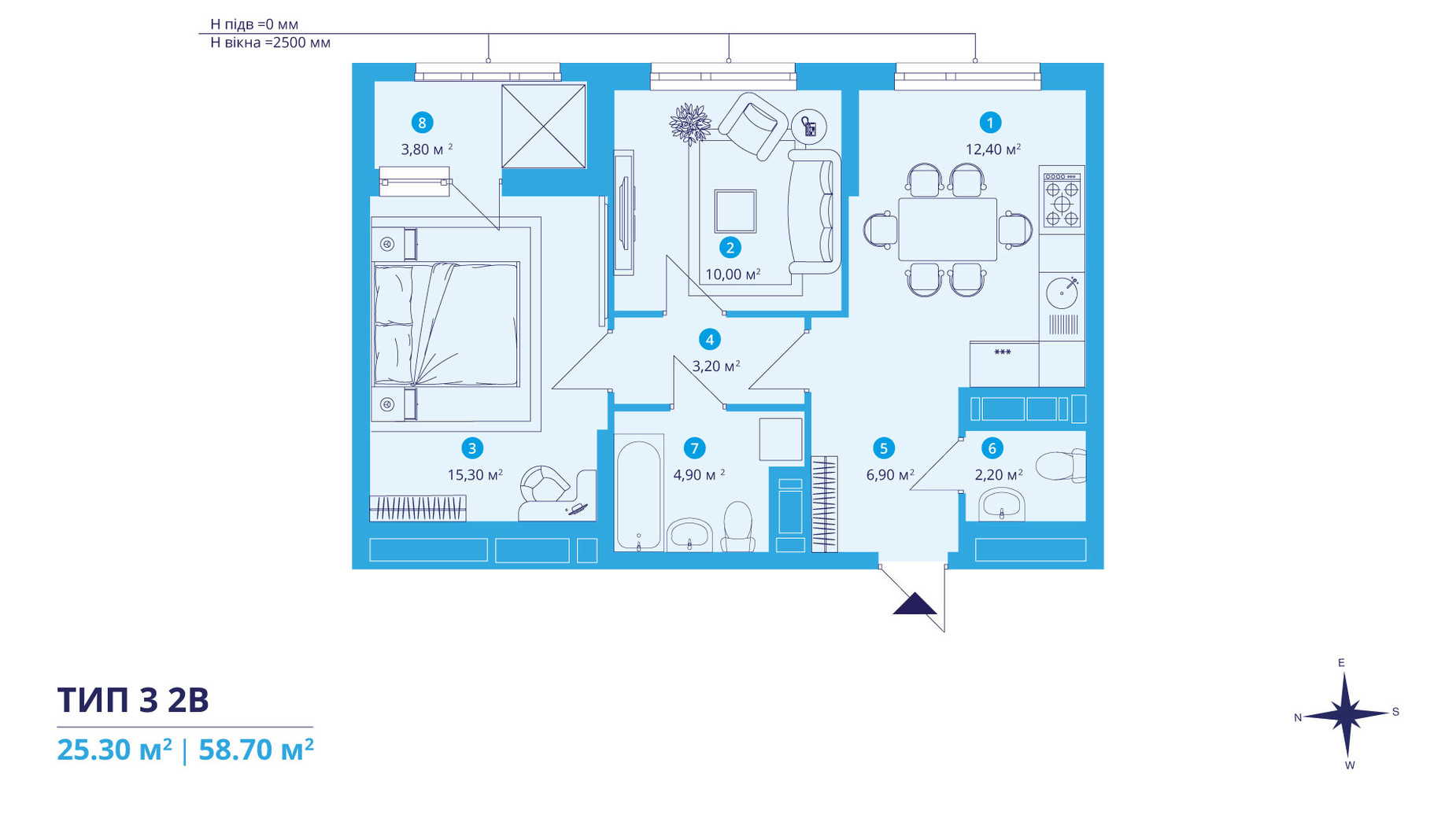 Планировка 2-комнатной квартиры в ЖК Sky Avenue 58.7 м², фото 312549