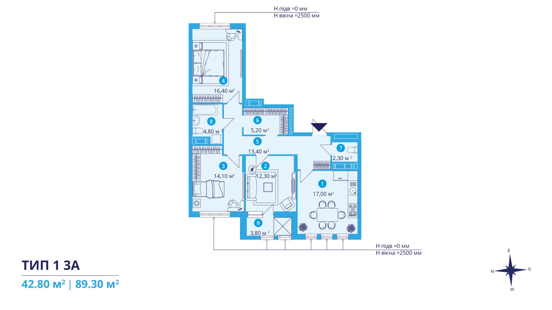 Планировка 3-комнатной квартиры в ЖК Sky Avenue 89.3 м², фото 312552