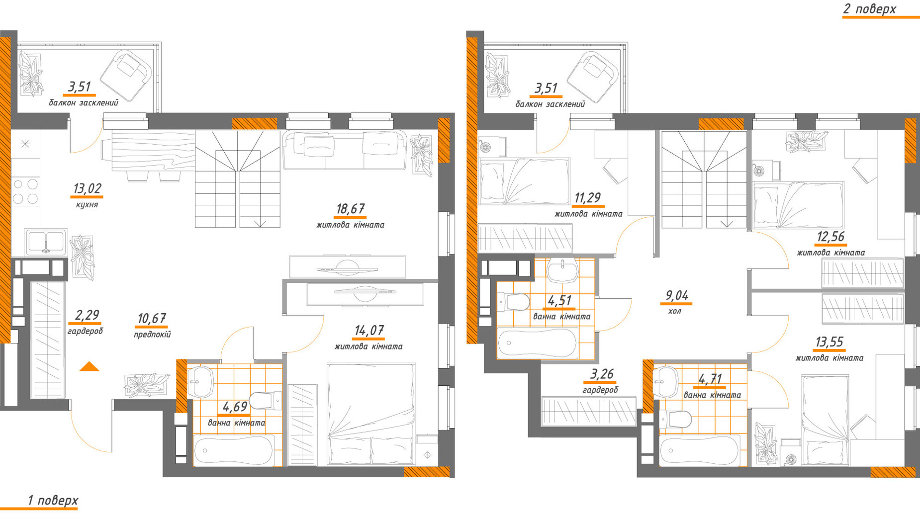 Планування багато­рівневої квартири в ЖК Нивки-Парк 129.58 м², фото 312569