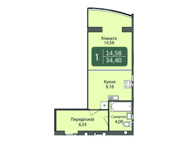 ЖК Ковалевский: планировка 1-комнатной квартиры 34.4 м²
