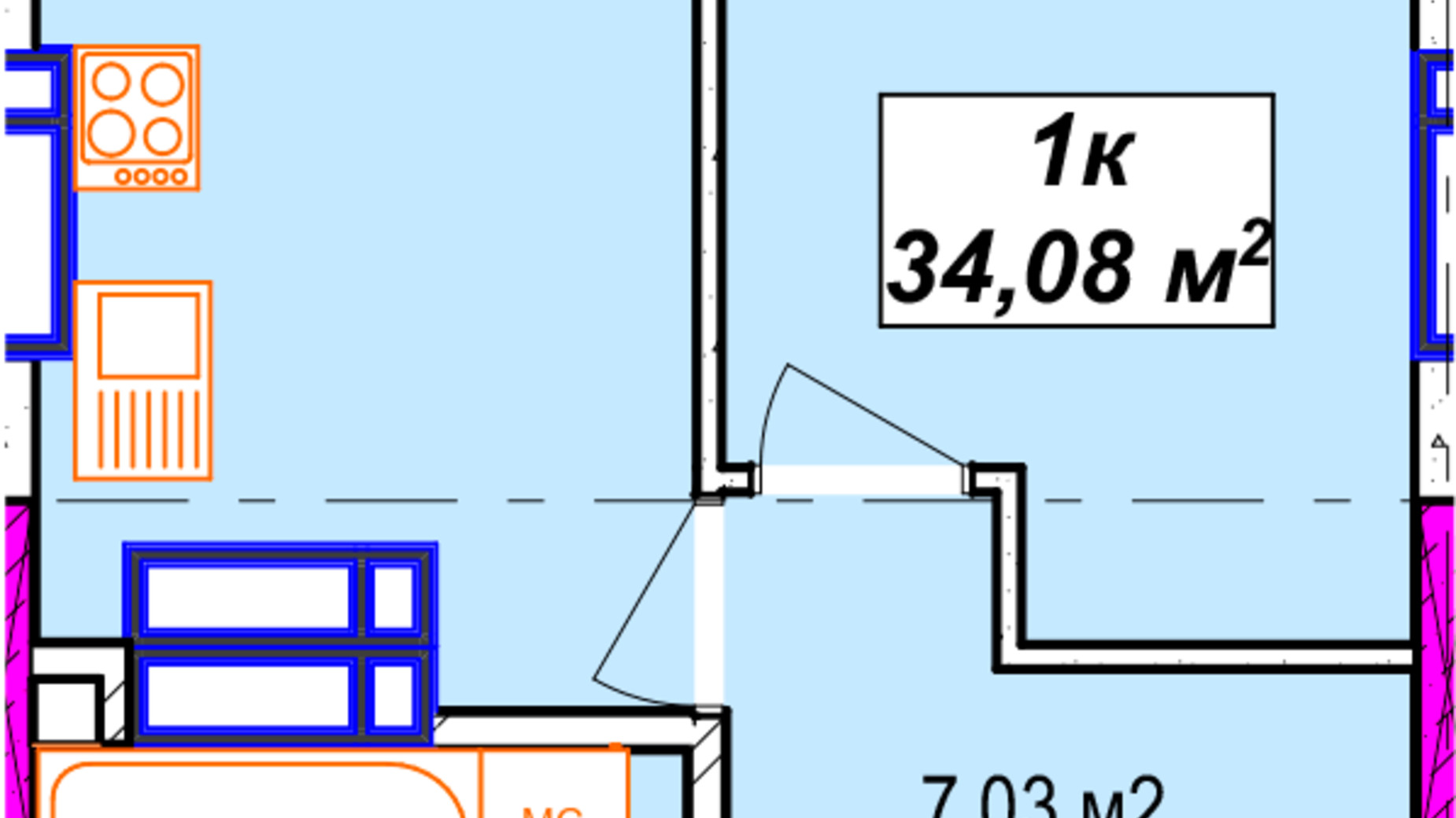 Планування 1-кімнатної квартири в ЖК Aura city 34.08 м², фото 312997