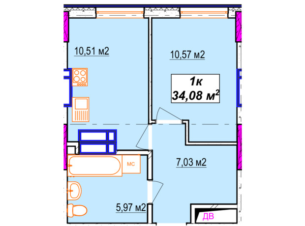 ЖК Aura city: планировка 1-комнатной квартиры 34.08 м²