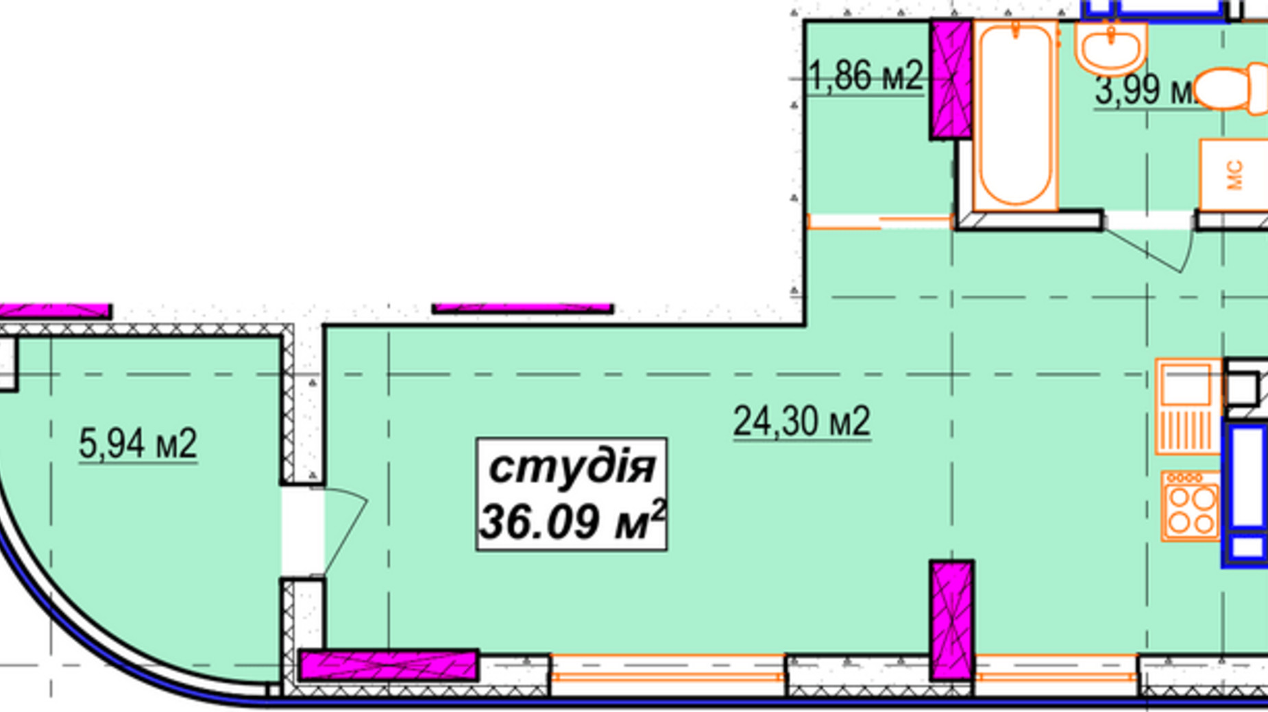 Планировка 1-комнатной квартиры в ЖК Aura city 36.09 м², фото 312998