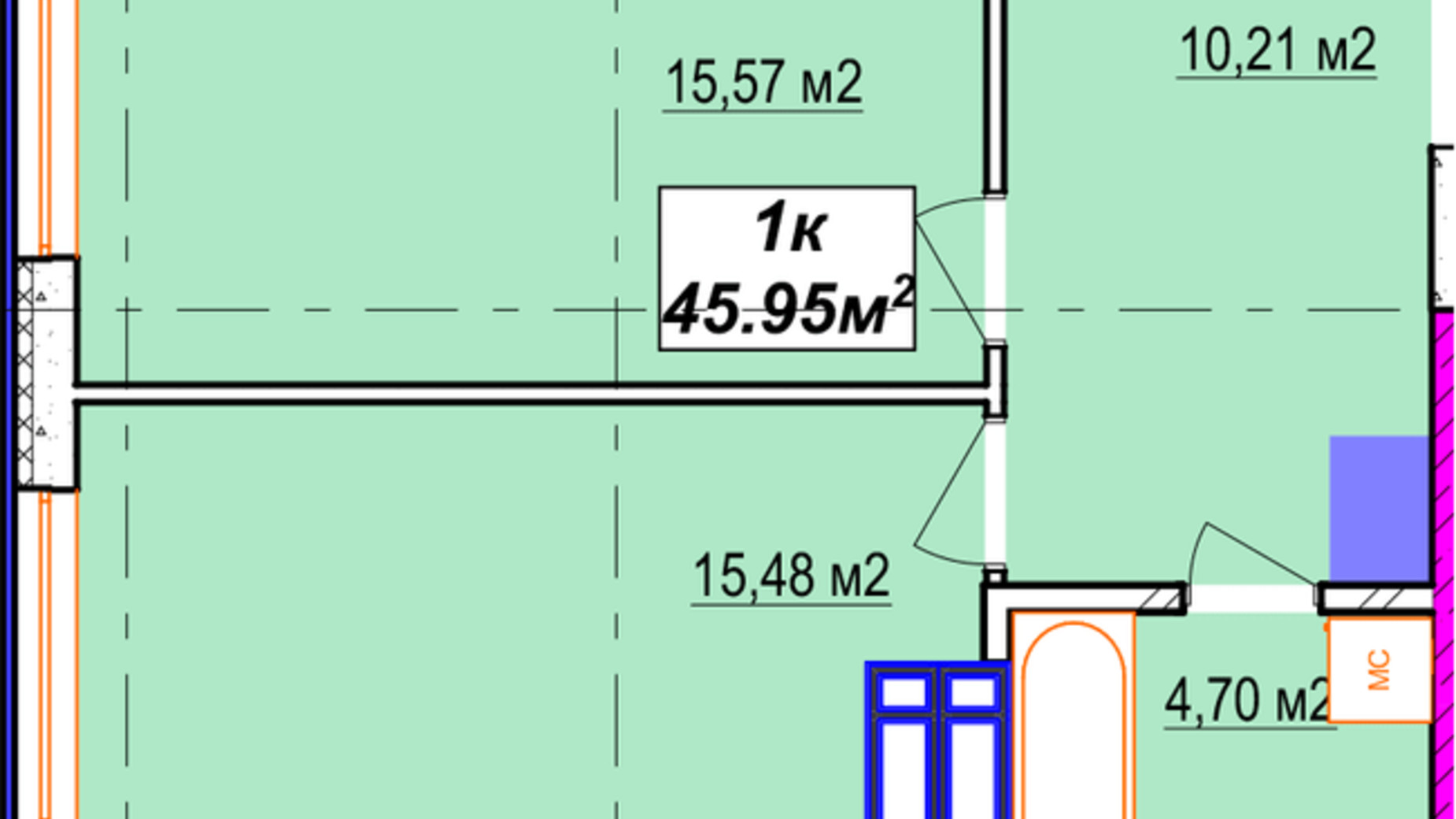 Планировка 1-комнатной квартиры в ЖК Aura city 45.95 м², фото 312999