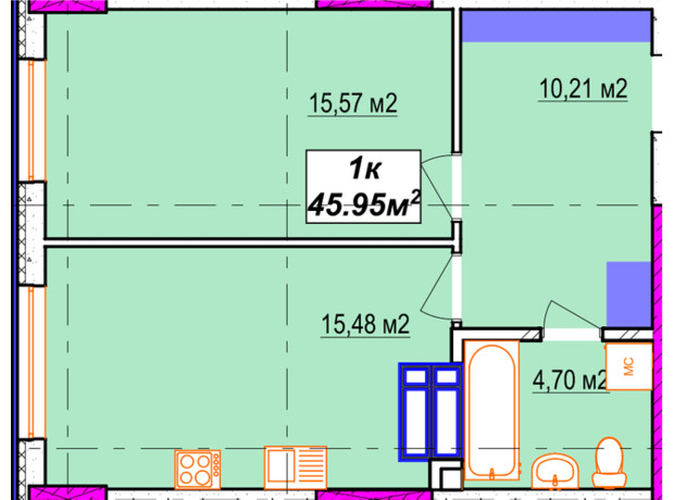 ЖК Aura city: планировка 1-комнатной квартиры 45.95 м²