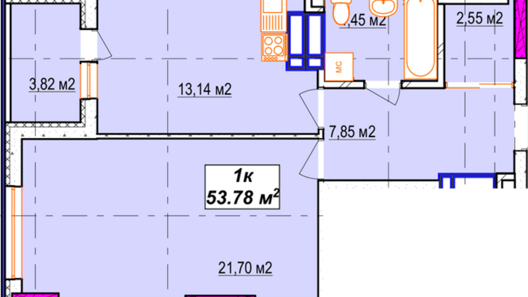 Планування 1-кімнатної квартири в ЖК Aura city 53.78 м², фото 313000