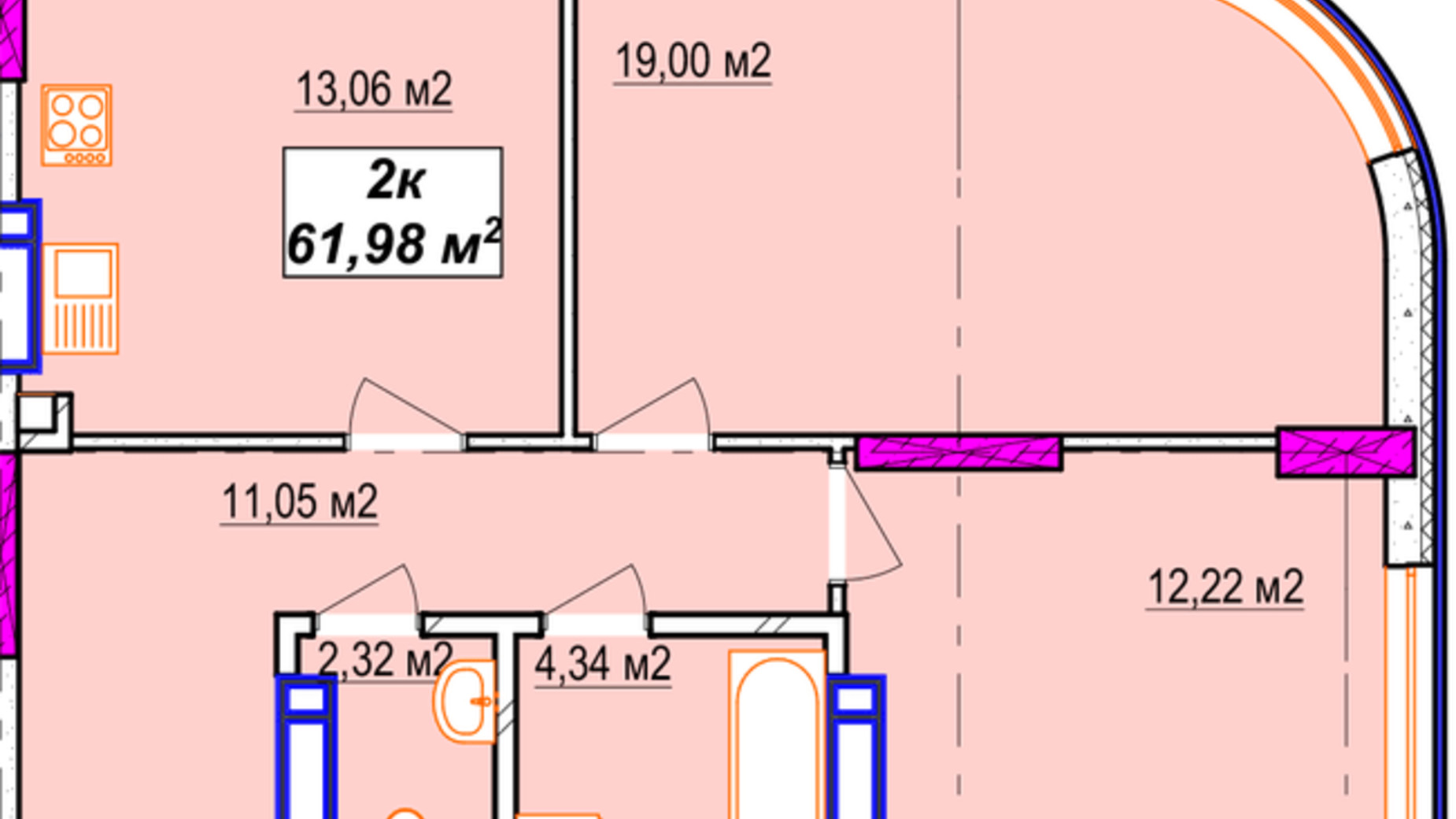 Планировка 2-комнатной квартиры в ЖК Aura city 61.98 м², фото 313001