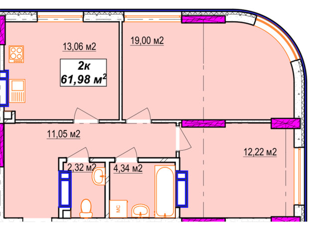 ЖК Aura city: планировка 2-комнатной квартиры 61.98 м²