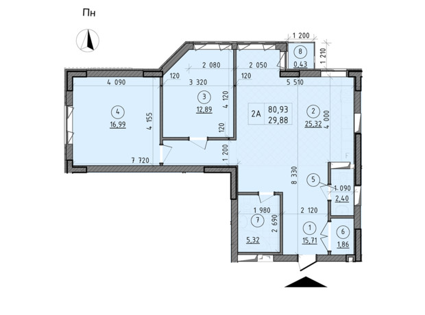 ЖК Зенит: планировка 2-комнатной квартиры 80.93 м²