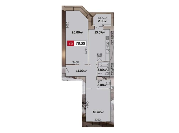 ЖК Гвардійське: планування 2-кімнатної квартири 78.35 м²