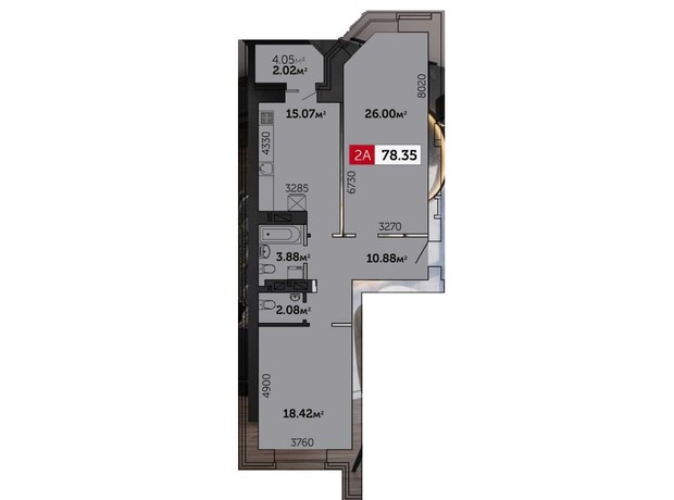 ЖК Гвардійське: планування 2-кімнатної квартири 78.35 м²