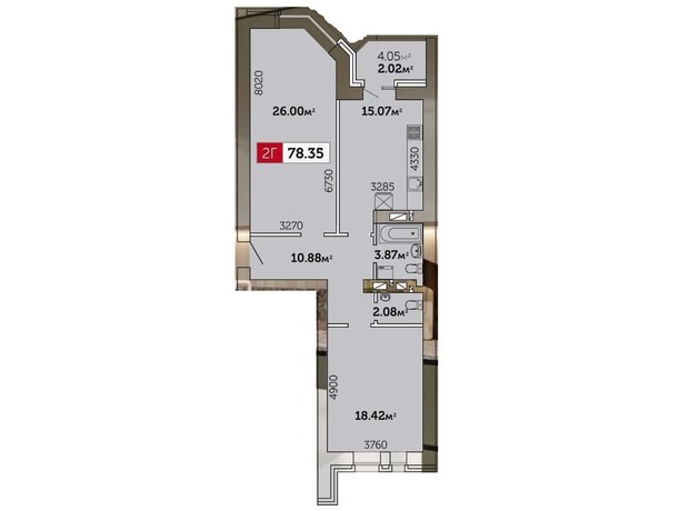 ЖК Гвардейское: планировка 2-комнатной квартиры 78.35 м²