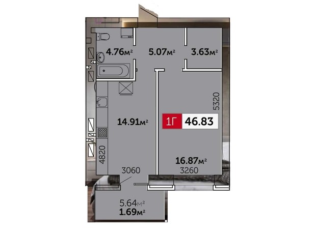 ЖК Гвардійське: планування 1-кімнатної квартири 46.83 м²