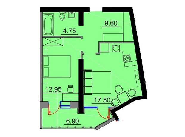 Апарт-комплекс Times: планировка 1-комнатной квартиры 47.61 м²