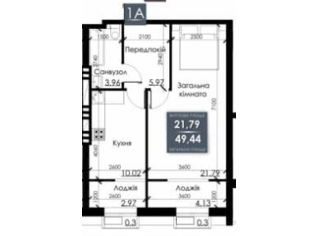 ЖК Steel House: планування 1-кімнатної квартири 49.44 м²