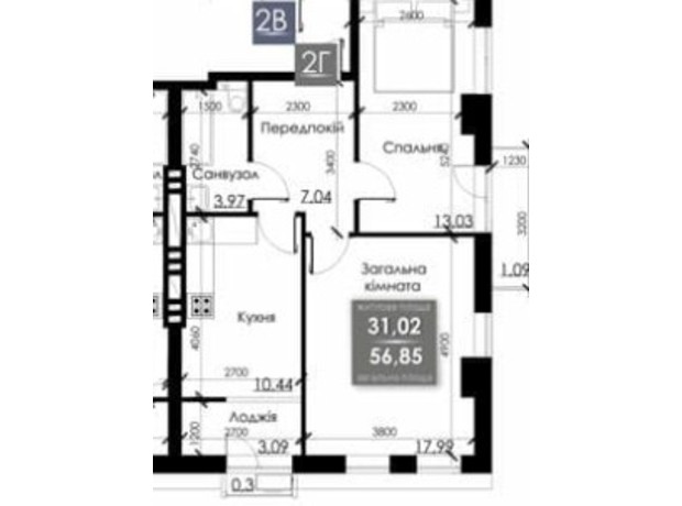 ЖК Steel House: планування 2-кімнатної квартири 56.85 м²