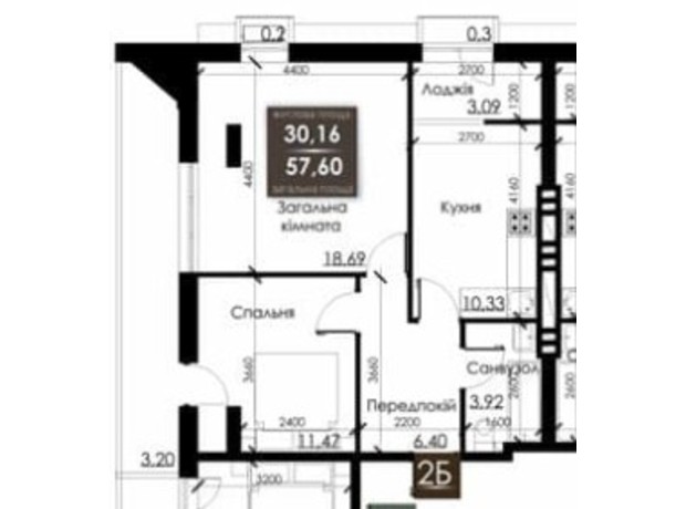 ЖК Steel House: планування 2-кімнатної квартири 57.6 м²