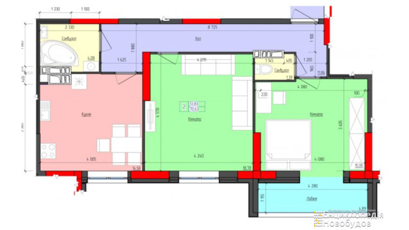 Планування 2-кімнатної квартири в ЖК Мистецькі Ворота 70.63 м², фото 313617
