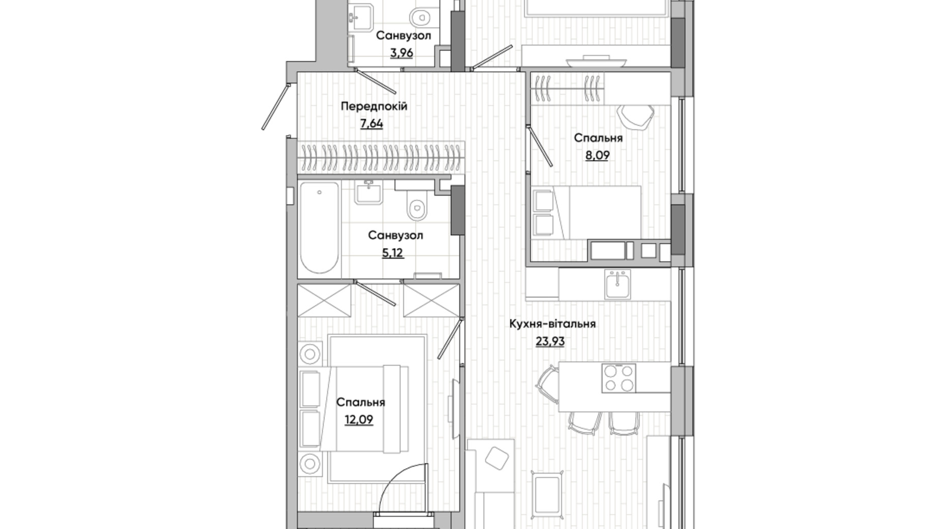 Планування 3-кімнатної квартири в ЖК Lucky Land 74.46 м², фото 313913