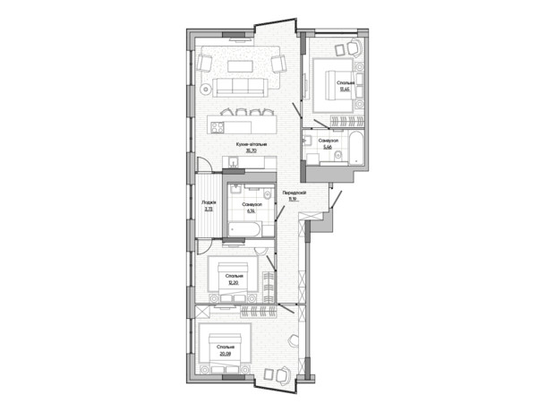ЖК Lucky Land: планировка 3-комнатной квартиры 106.42 м²