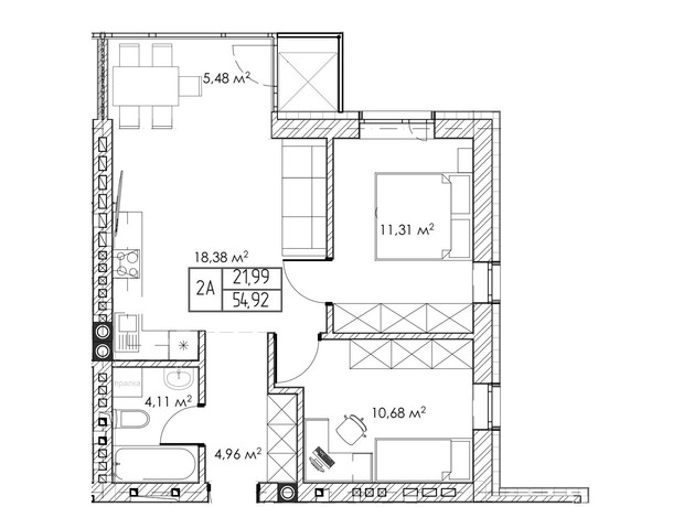 КГ Гармония: планировка 2-комнатной квартиры 55 м²