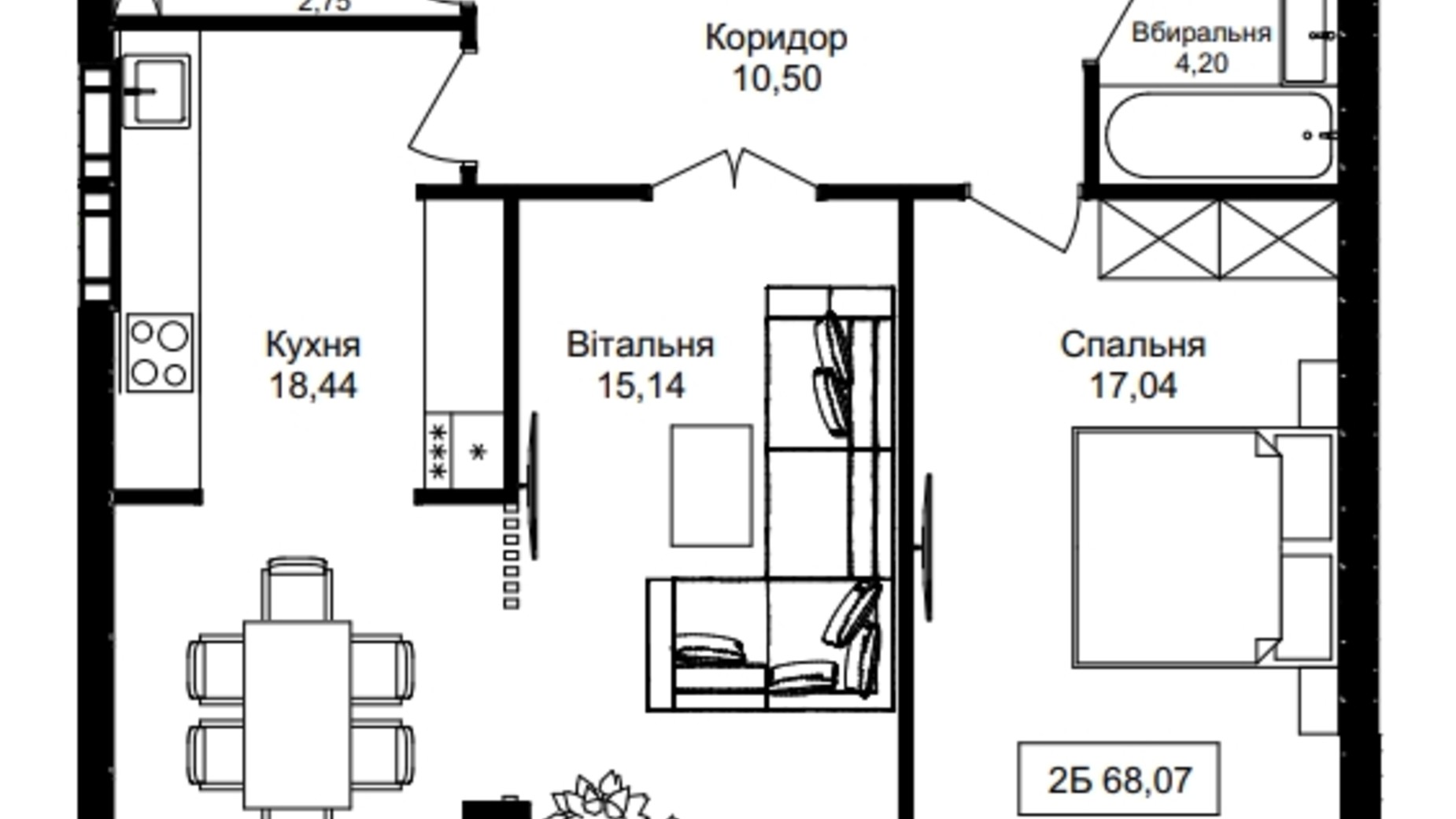 Планировка 2-комнатной квартиры в ЖК Premier Tower 69.4 м², фото 314243