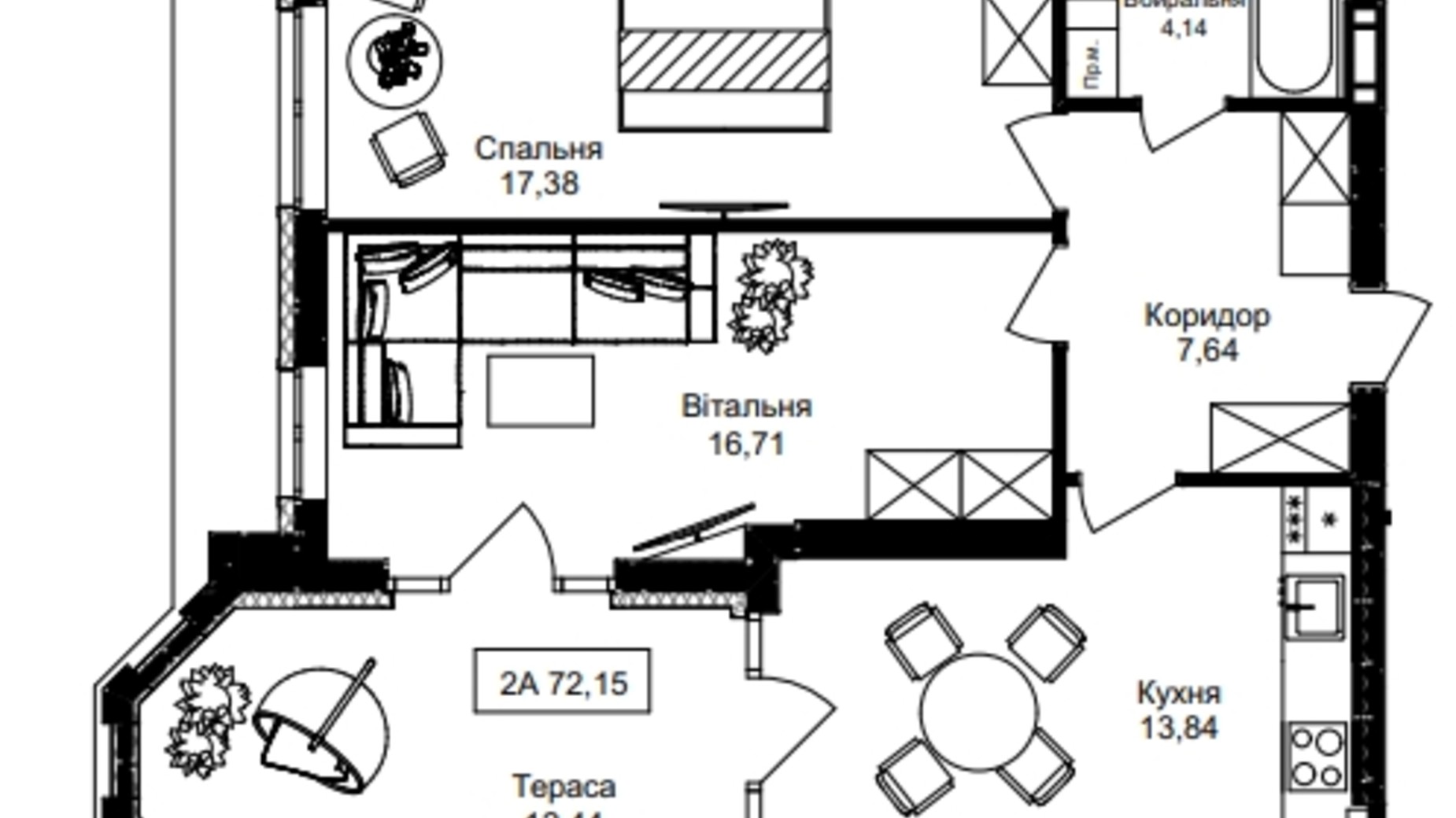 Планировка 2-комнатной квартиры в ЖК Premier Tower 73.3 м², фото 314246