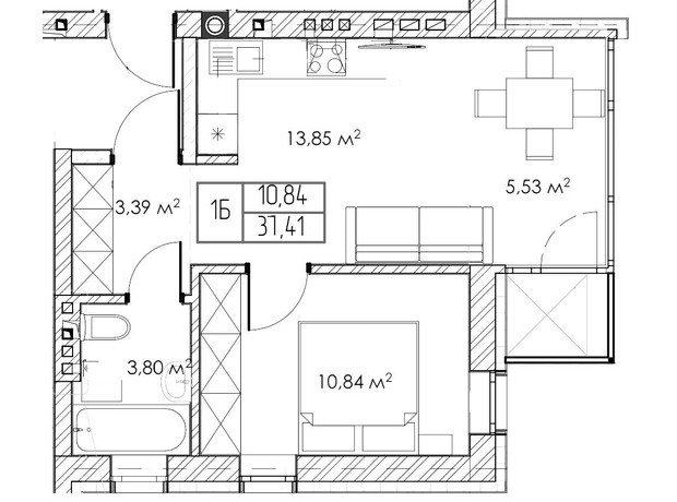 КМ Гармонія: планування 1-кімнатної квартири 37.4 м²