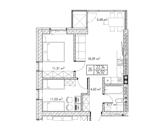 КГ Гармония: планировка 2-комнатной квартиры 55 м²