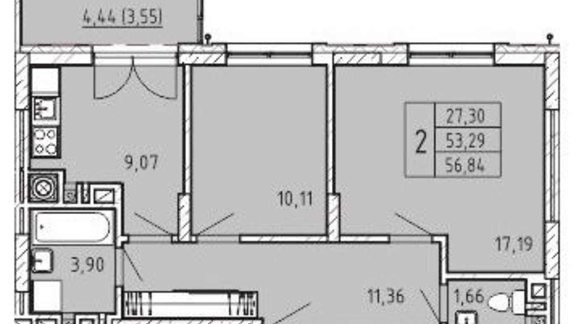 Планировка 2-комнатной квартиры в ЖК Сонцебуд 56.84 м², фото 314272