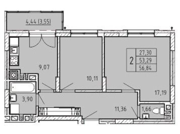 ЖК Сонцебуд: планування 2-кімнатної квартири 56.84 м²