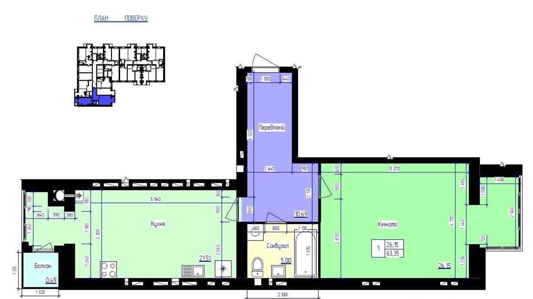 Планування 1-кімнатної квартири в ЖК Збруч 64.4 м², фото 314305