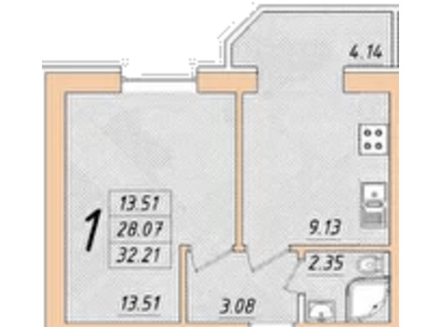 ЖК Яспис: планировка 1-комнатной квартиры 32.21 м²