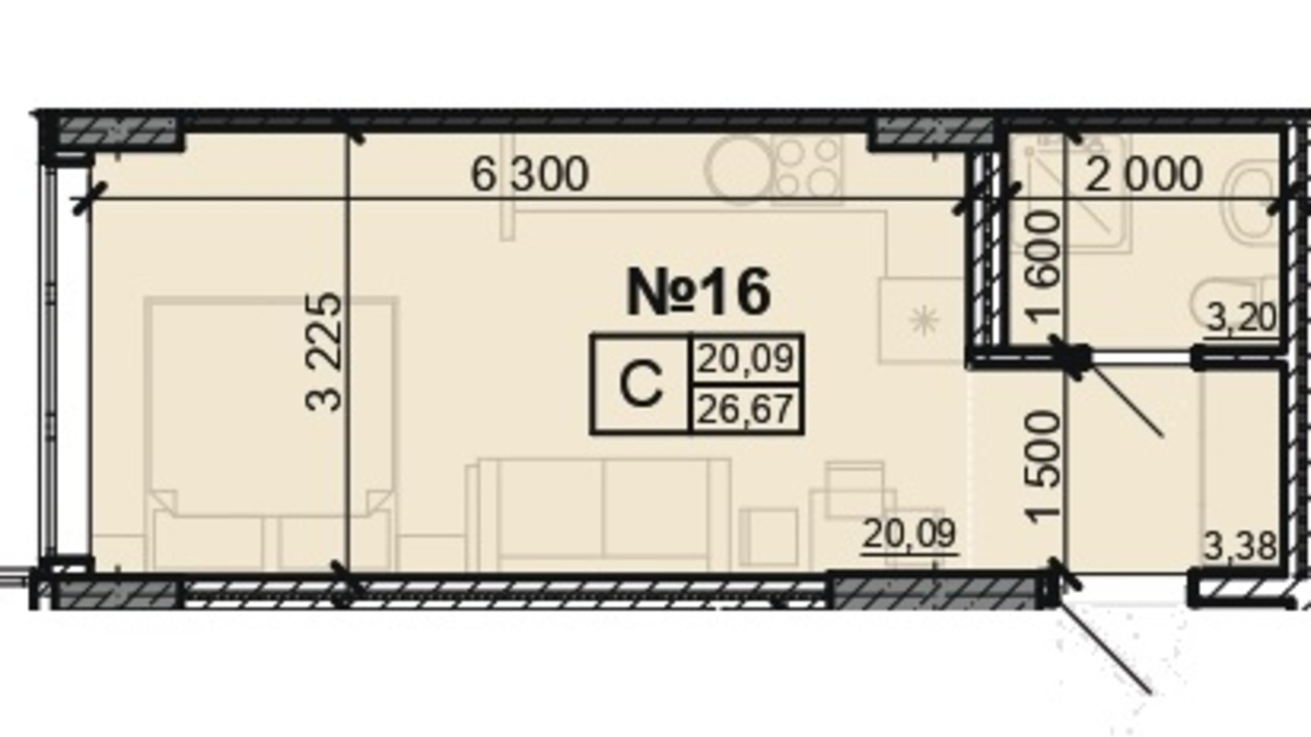 Планування квартири студії в ЖК Акварель 8 26.46 м², фото 314560