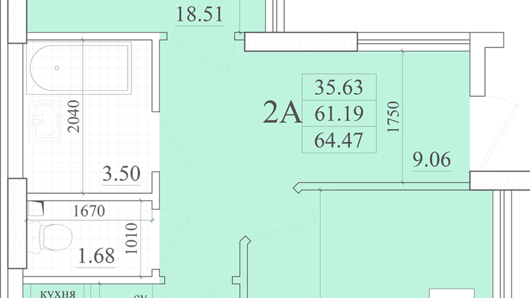 Планування 2-кімнатної квартири в ЖК Акварель 2 64.47 м², фото 314603