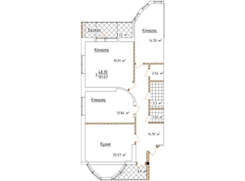 Планировка 3-комнатной квартиры в ЖК Коттедж на Орлика 100 м², фото 314651 Планировка 3-комнатной квартиры в ЖК Коттедж на Орлика 100 м², фото 314651