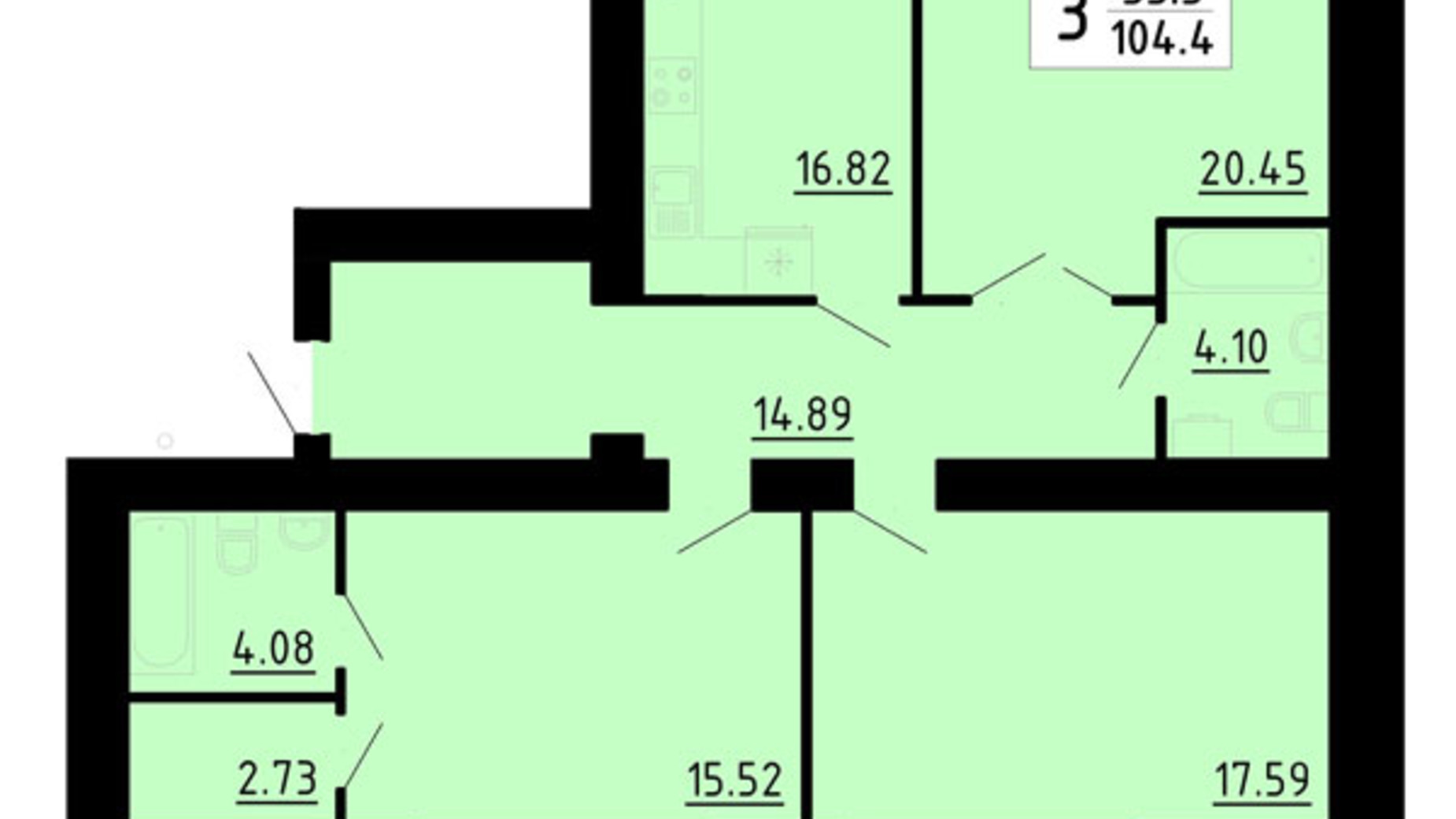 Планировка 3-комнатной квартиры в Квартал Энергия 104.4 м², фото 314669