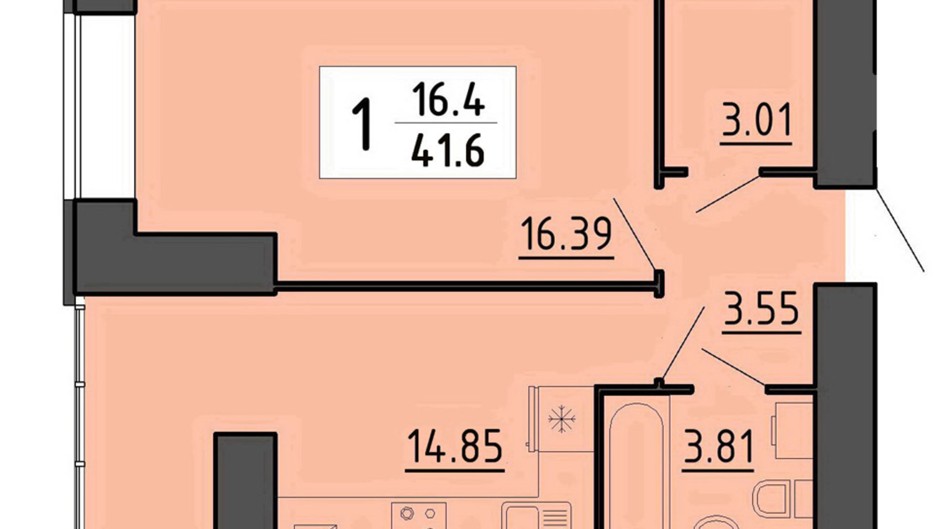 Планировка 1-комнатной квартиры в Квартал Энергия 41.6 м², фото 314713