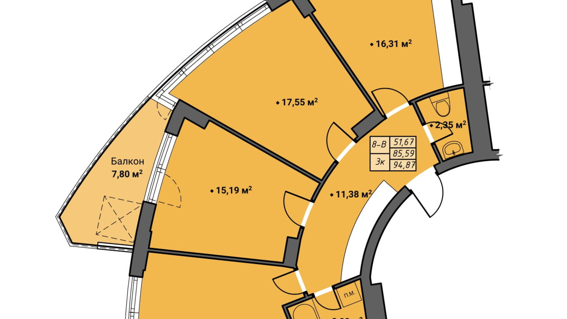 Планування 3-кімнатної квартири в ЖК Amber Park 94.87 м², фото 314832