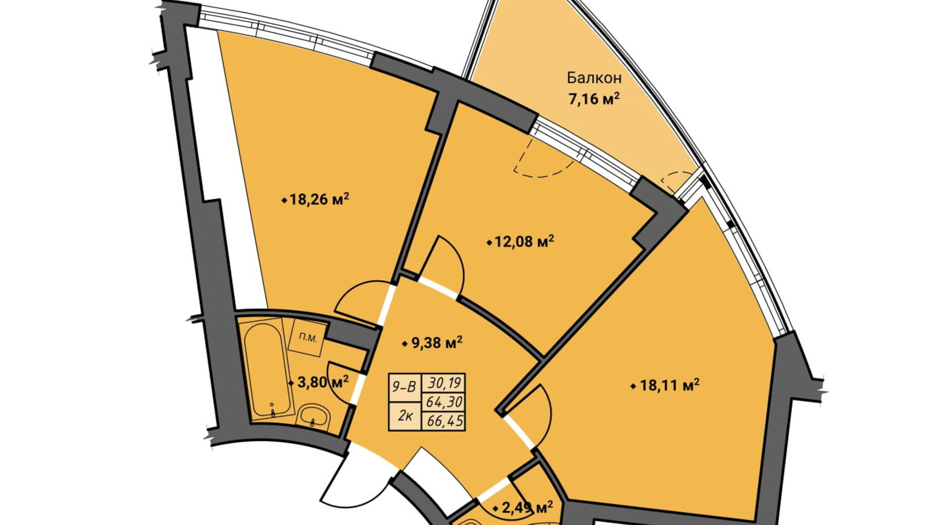 Планування 2-кімнатної квартири в ЖК Amber Park 66.45 м², фото 314838