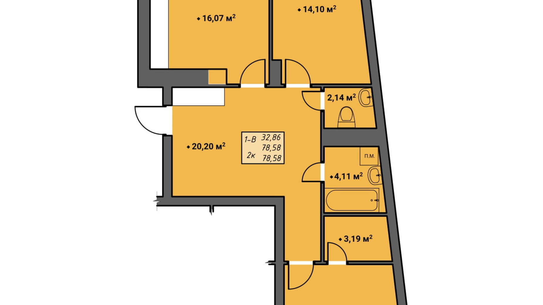Планування 2-кімнатної квартири в ЖК Amber Park 78.58 м², фото 314839