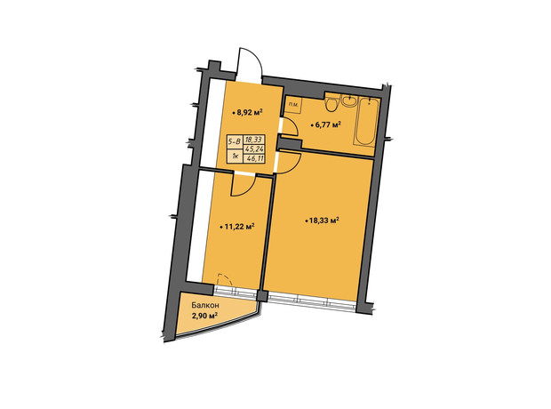 ЖК Amber Park: планування 1-кімнатної квартири 46.22 м²