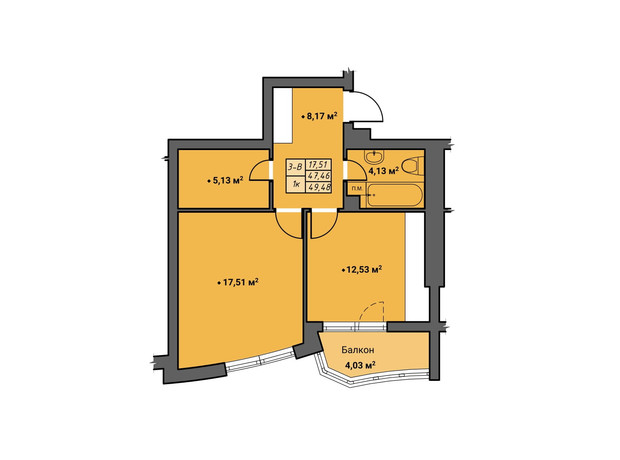 ЖК Amber Park: планування 1-кімнатної квартири 48.9 м²