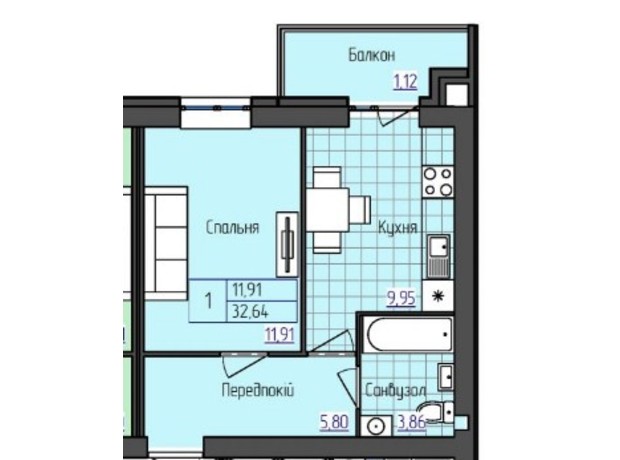 ЖК 9 район: планировка 1-комнатной квартиры 32.64 м²