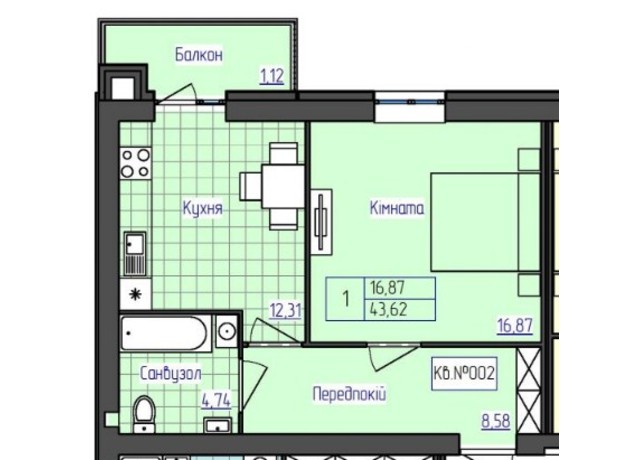 ЖК 9 район: планировка 1-комнатной квартиры 43.62 м²