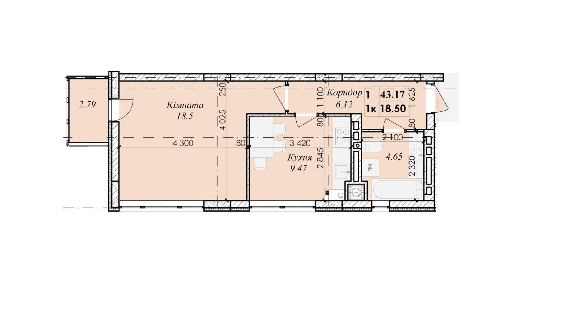 Планировка помещения в ЖК Excellent House 43.17 м², фото 315015