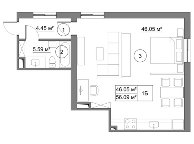 Клубный дом Петровский Гай: планировка 1-комнатной квартиры 56.09 м²