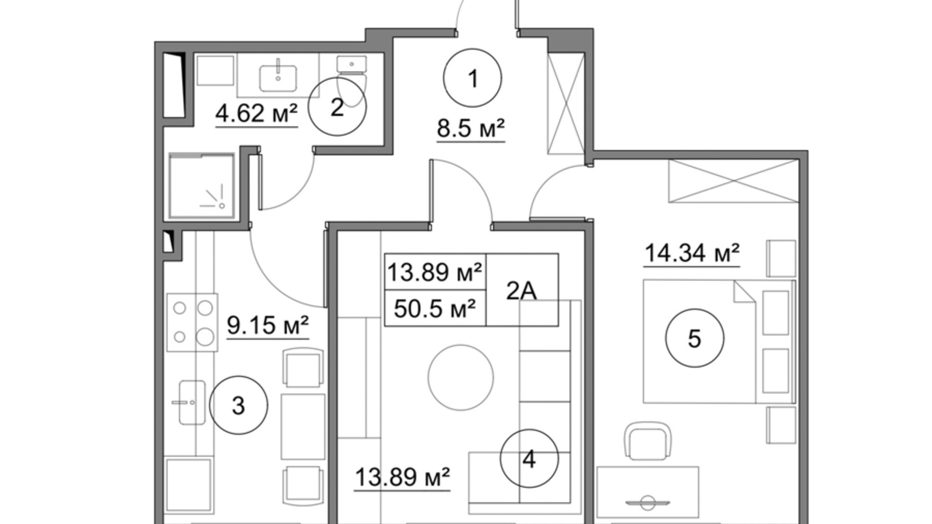 Планировка 2-комнатной квартиры в Клубный дом Петровский Гай 50.5 м², фото 315027